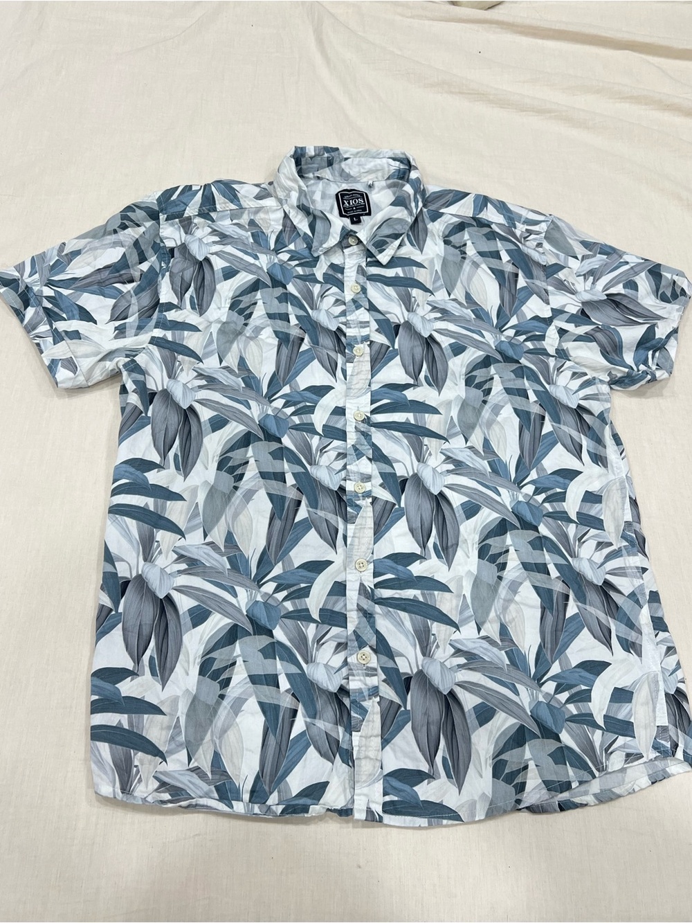 Short Sleeve Leaf Print Button-Down Shirt - Blue Gray